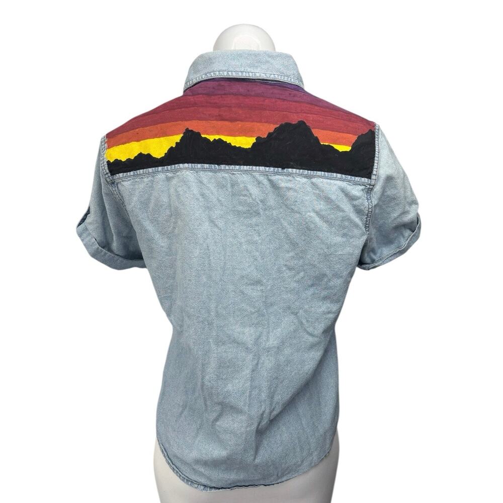 Harley Davidson Women's Upcycled Short Sleeve Graphic Print Denim Jean Shirt Top